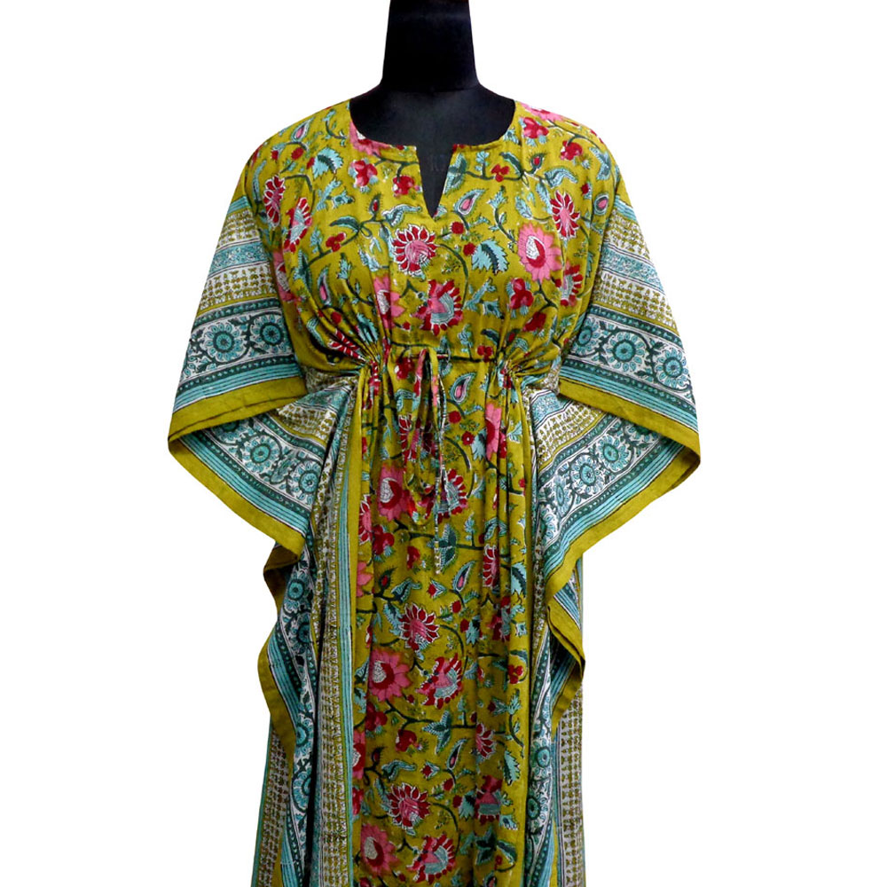 Long Size Kaftan Free Size Indian Block-Printed Loungewear in Soft Cotton Voile Phuljhari Olive Gud 103487
