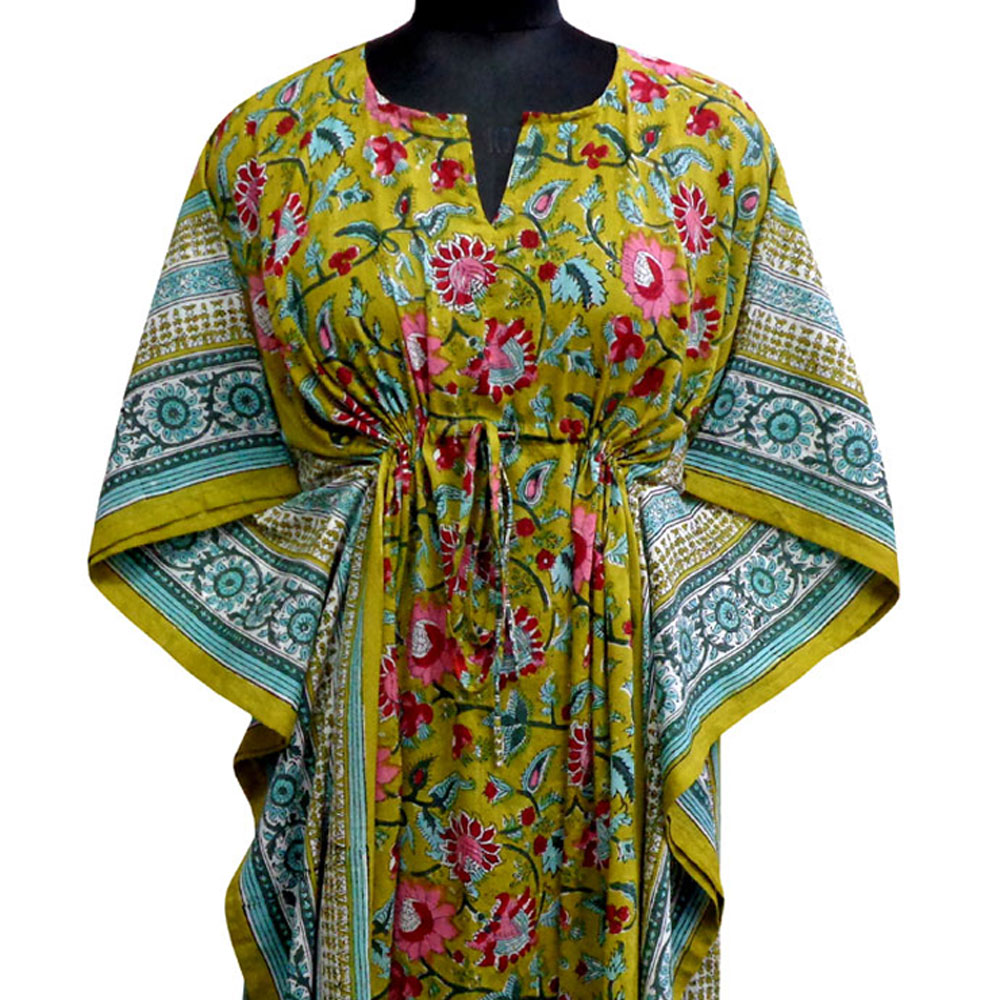 Long Size Kaftan Free Size Indian Block-Printed Loungewear in Soft Cotton Voile Phuljhari Olive Gud 103487