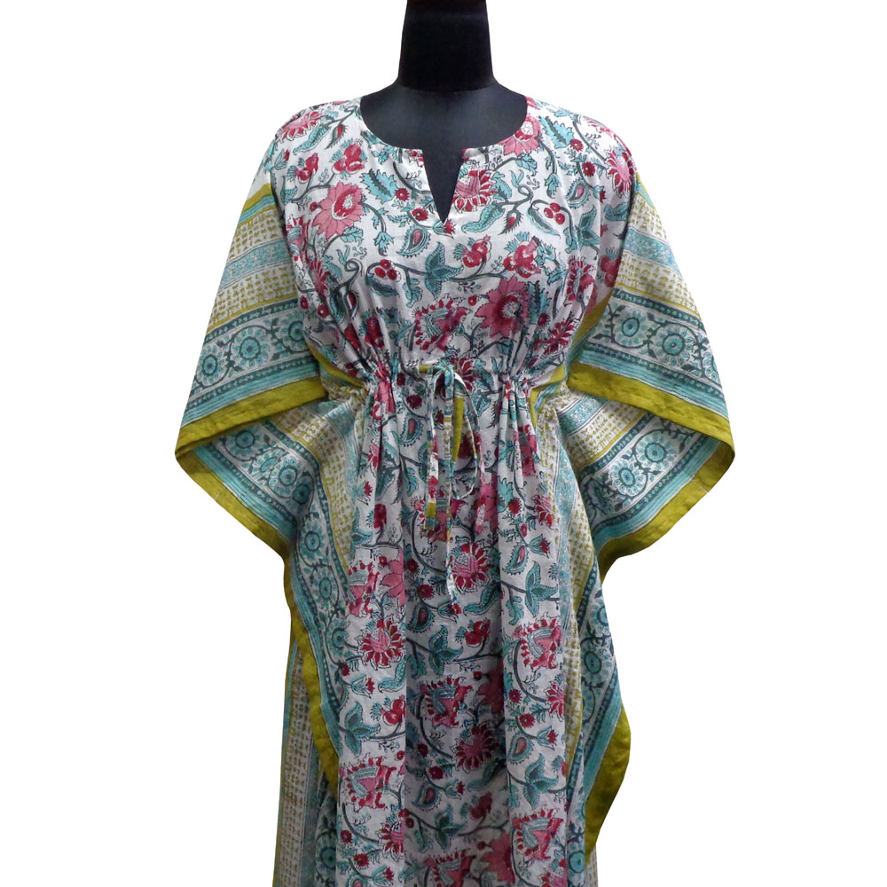 Long Size Kaftan Free Size Indian Block-Printed Loungewear in Soft Cotton Voile Phuljhari Olive Open 208471