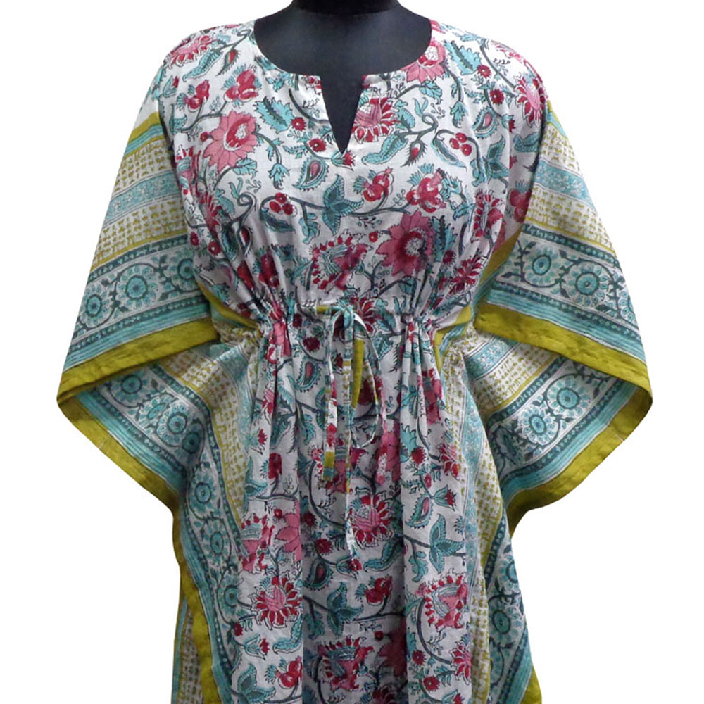 Long Size Kaftan Free Size Indian Block-Printed Loungewear in Soft Cotton Voile Phuljhari Olive Open 208471