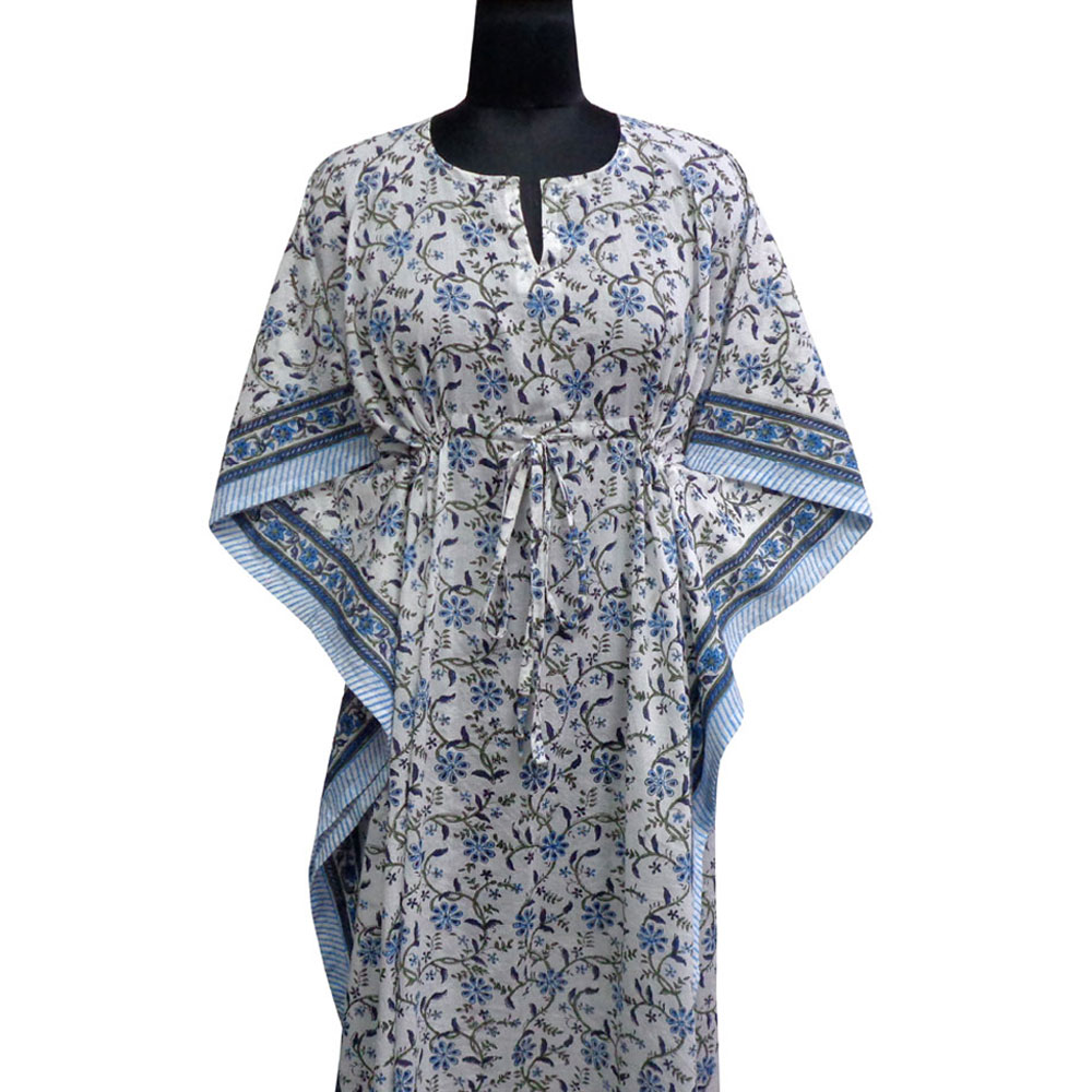Long Size Kaftan Free Size Indian Block-Printed Loungewear in Soft Cotton Voile Ragini Blue 207729