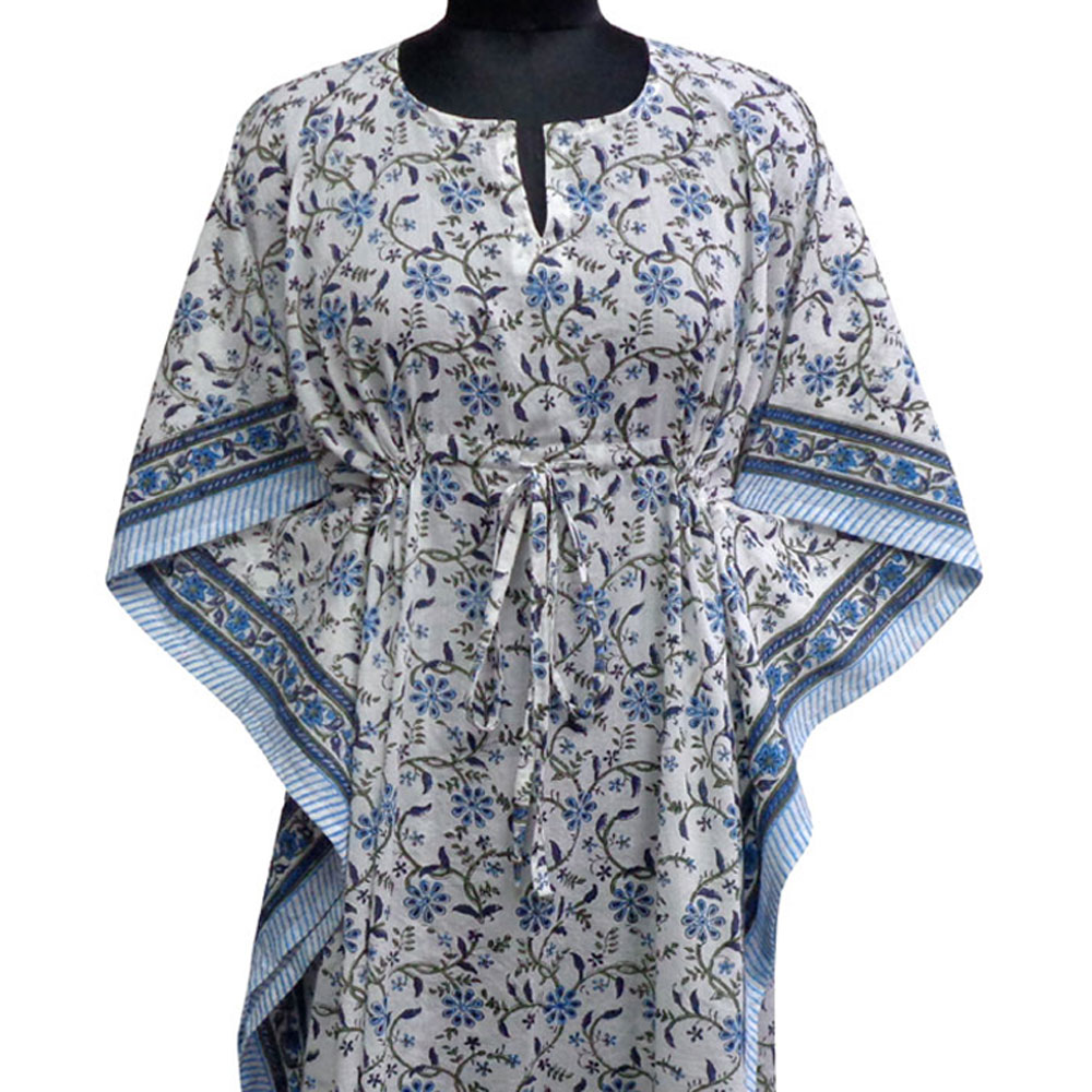 Long Size Kaftan Free Size Indian Block-Printed Loungewear in Soft Cotton Voile Ragini Blue 207729