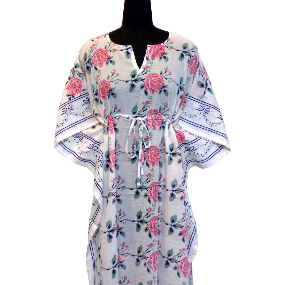 Long Size Kaftan Free Size Indian Block-Printed Loungewear in Soft Cotton Voile Roseline Pink 103221