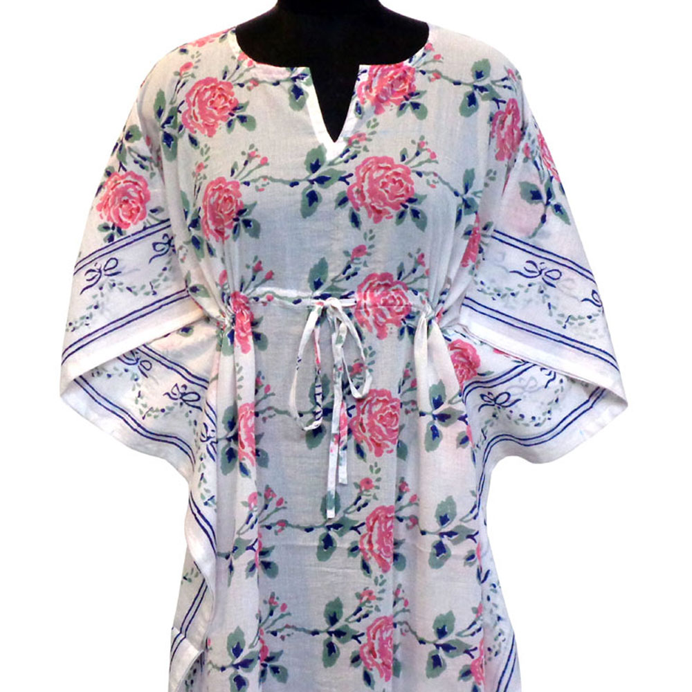 Long Size Kaftan Free Size Indian Block-Printed Loungewear in Soft Cotton Voile Roseline Pink 103221