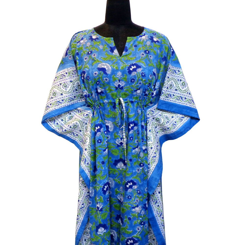 Long Size Kaftan Free Size Indian Block-Printed Loungewear in Soft Cotton Voile Rukhsana Blue Gud 103736