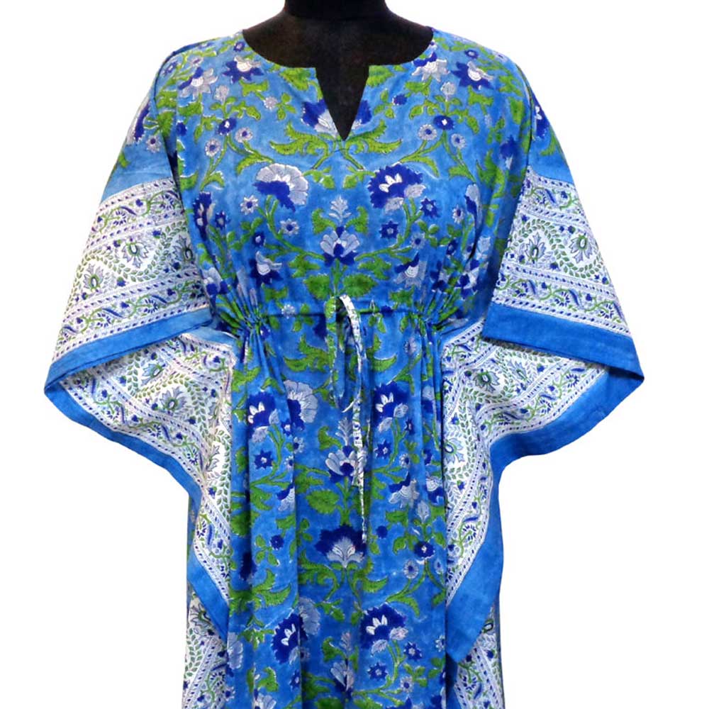 Long Size Kaftan Free Size Indian Block-Printed Loungewear in Soft Cotton Voile Rukhsana Blue Gud 103736