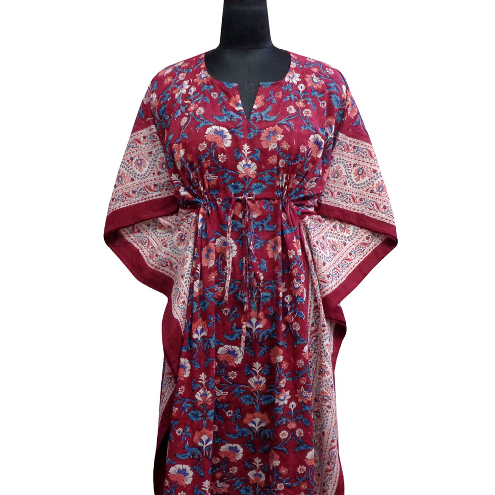 Long Size Kaftan Free Size Indian Block-Printed Loungewear in Soft Cotton Voile Rukhsana Maroon Gud 105823