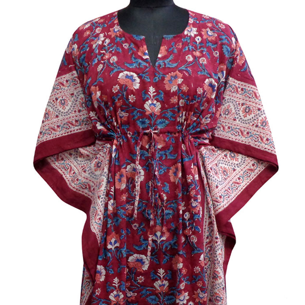 Long Size Kaftan Free Size Indian Block-Printed Loungewear in Soft Cotton Voile Rukhsana Maroon Gud 105823