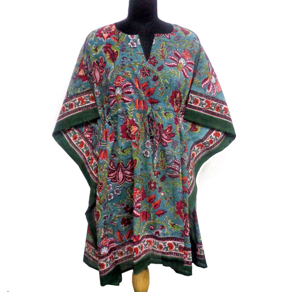 String Kaftan Free Size Indian Block-Printed on Soft Cotton Voile Anarkali Green Gud 106821