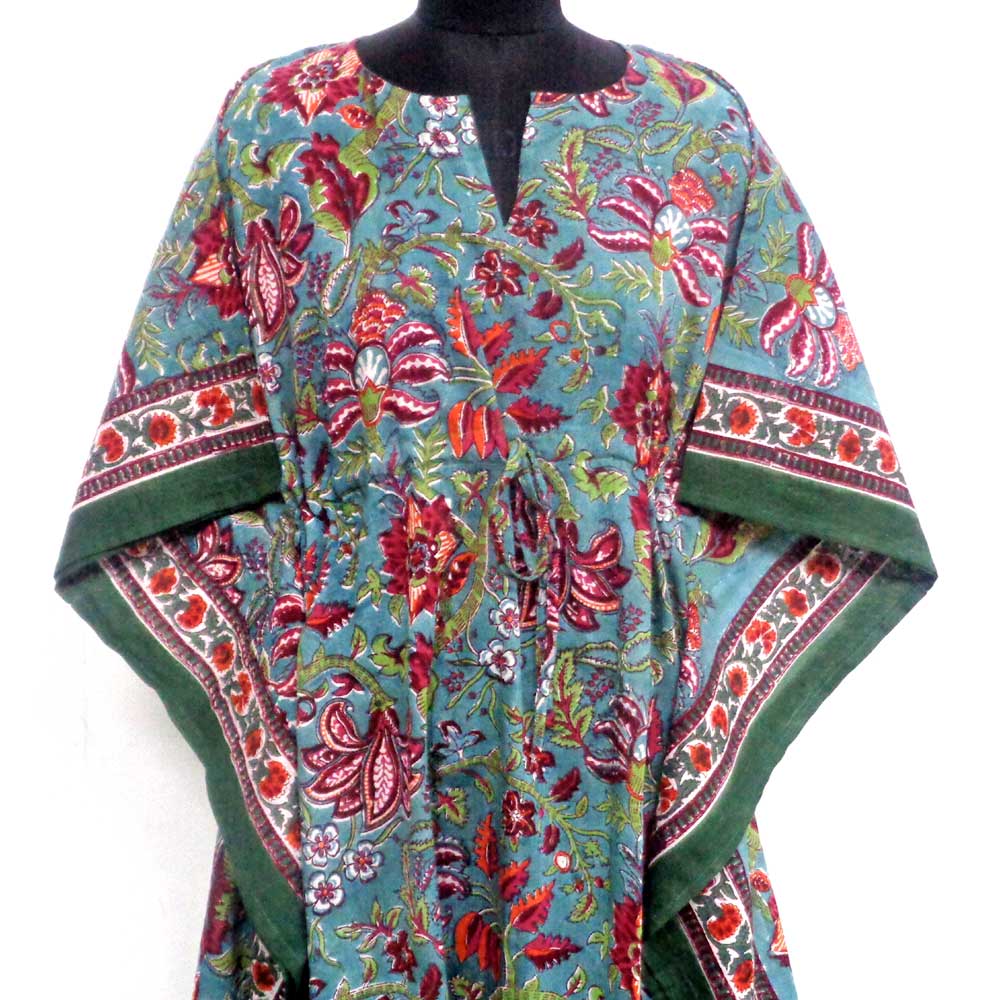 String Kaftan Free Size Indian Block-Printed on Soft Cotton Voile Anarkali Green Gud 106821