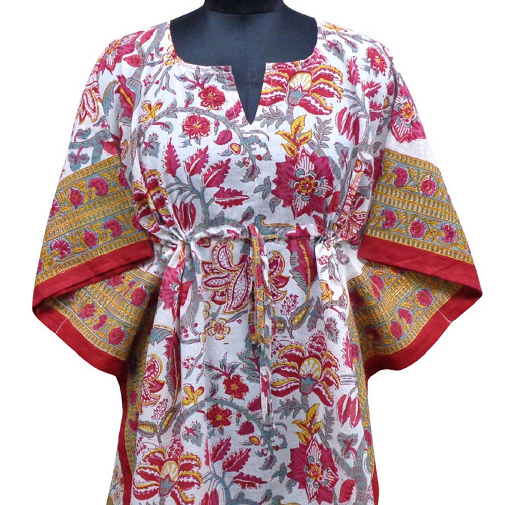 String Kaftan Free Size Indian Block Printed on Soft Cotton Voile Anarkali Red Open 200652
