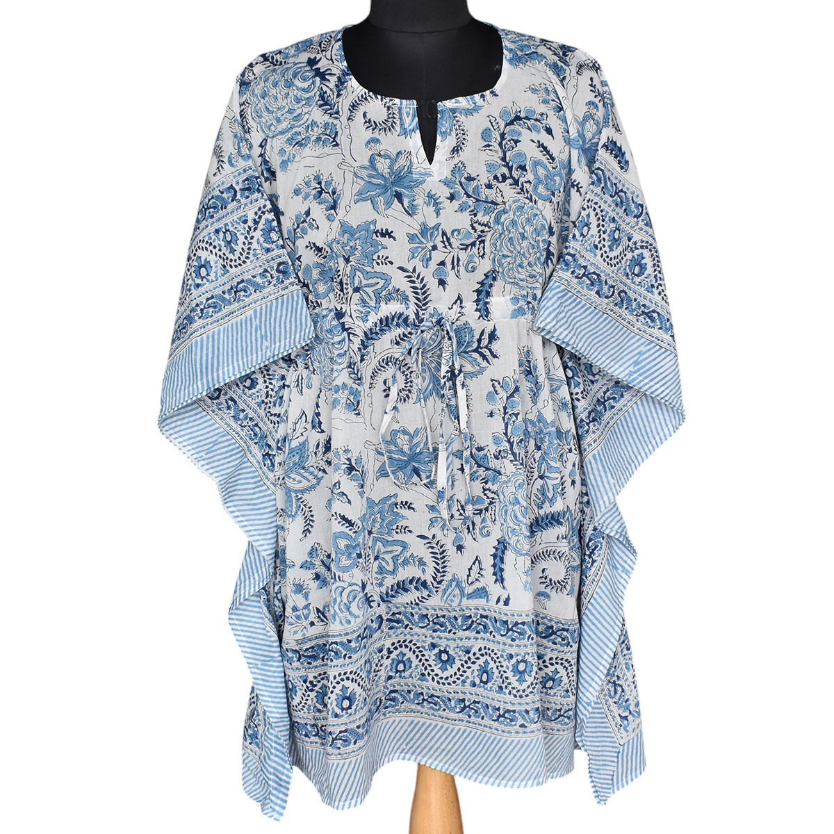 String Kaftan Free Size Indian Block Printed on Soft Cotton Voile  Bela Palace Blue 601088
