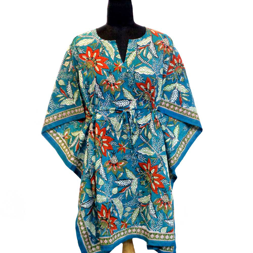 String Kaftan Free Size Indian Block-Printed on Soft Cotton Voile  Bossanova Green Gud 393939