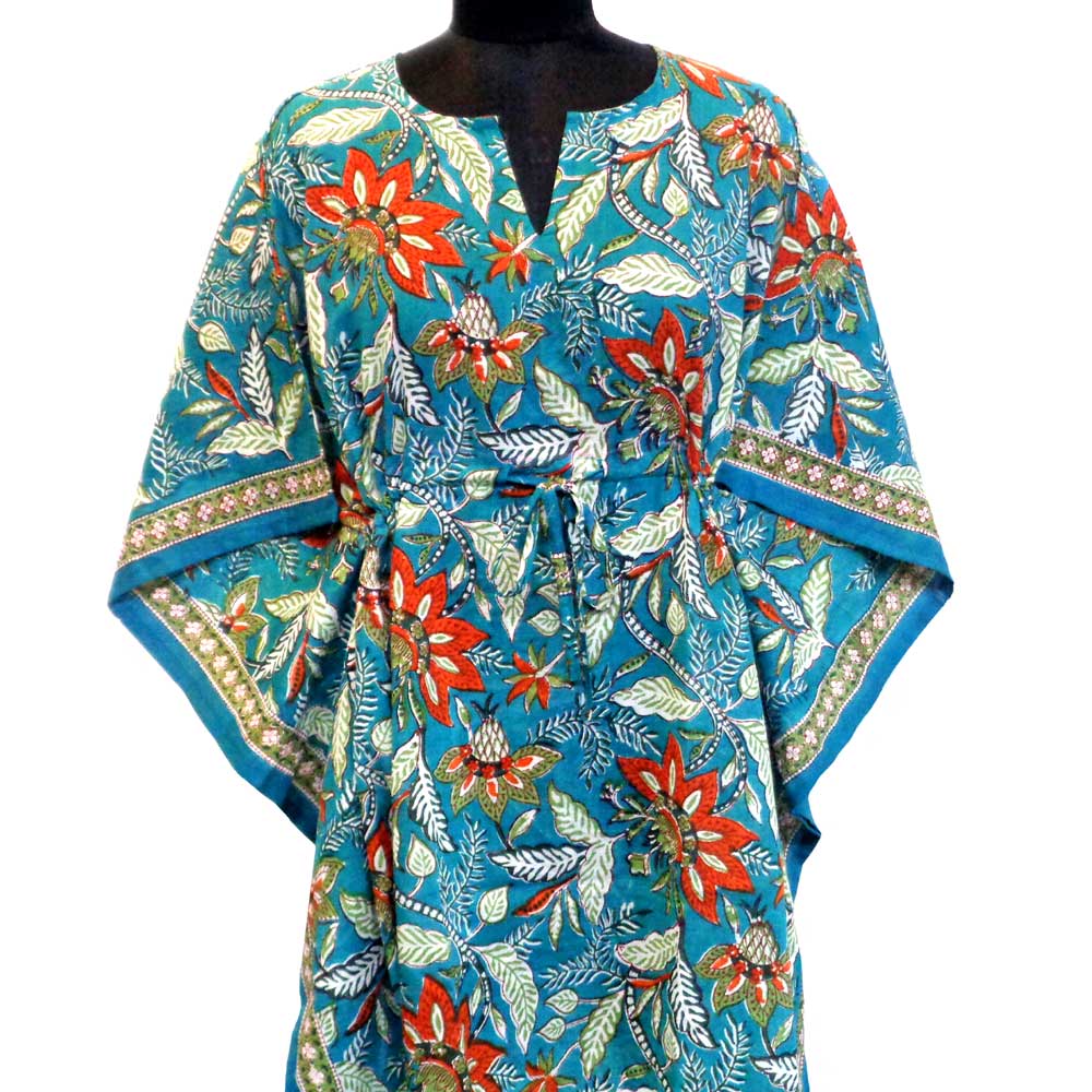 String Kaftan Free Size Indian Block-Printed on Soft Cotton Voile  Bossanova Green Gud 393939