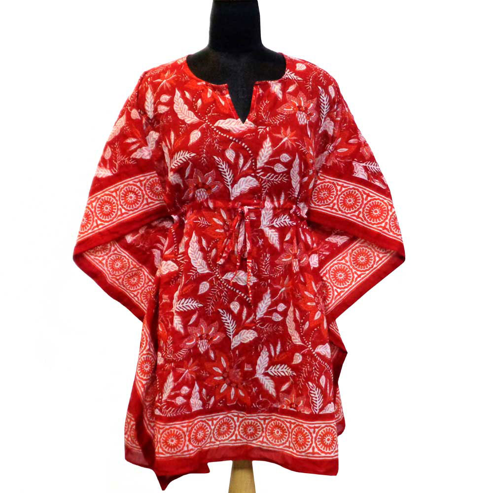 String Kaftan Free Size Indian Block-Printed on Soft Cotton Voile  Bossanova Red Gud 208858