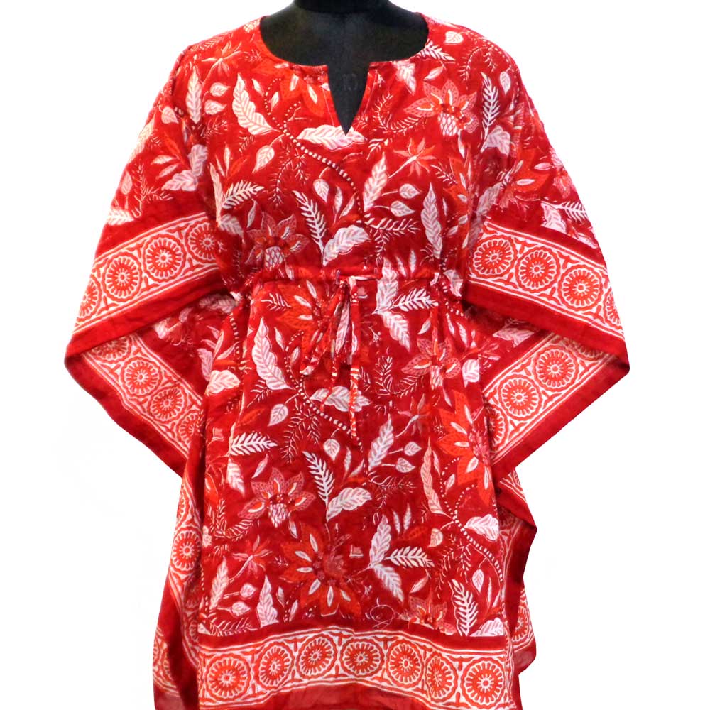 String Kaftan Free Size Indian Block-Printed on Soft Cotton Voile  Bossanova Red Gud 208858