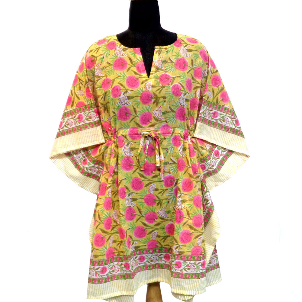 String Kaftan Free Size Indian Block-Printed on Soft Cotton Voile Desert Blossom Pink Gud 100148