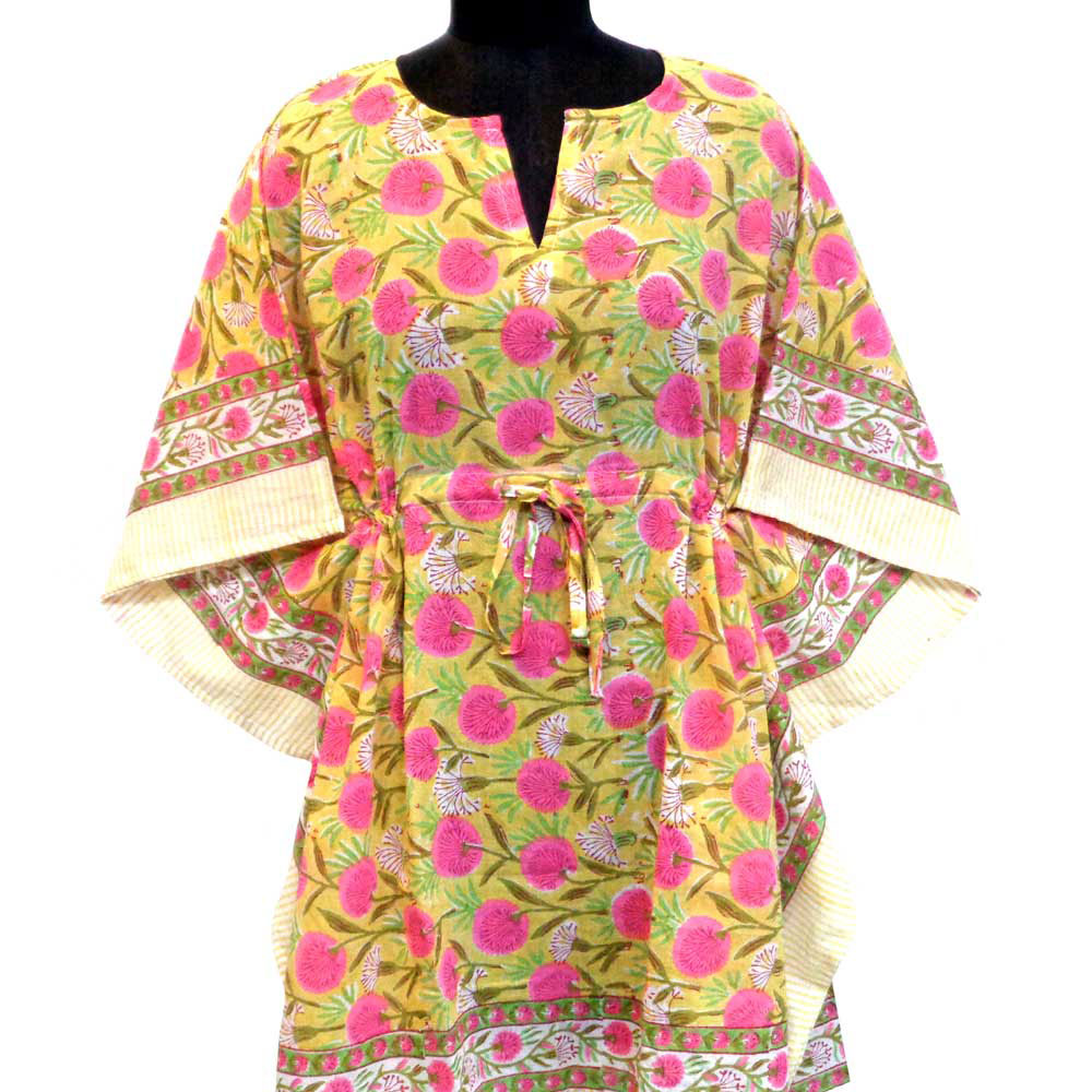 String Kaftan Free Size Indian Block-Printed on Soft Cotton Voile Desert Blossom Pink Gud 100148