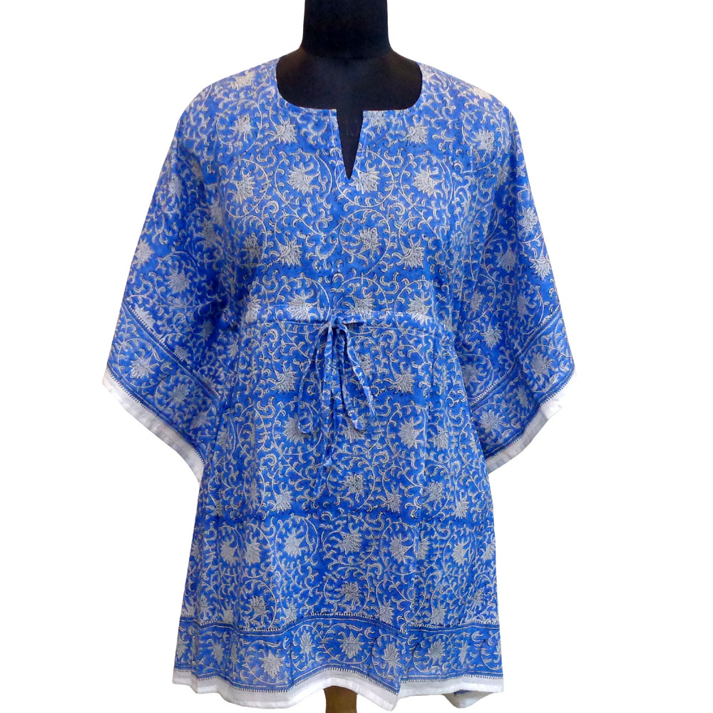 String Kaftan Free Size Indian Block Printed on Soft Cotton Voile Floral Blue 701945