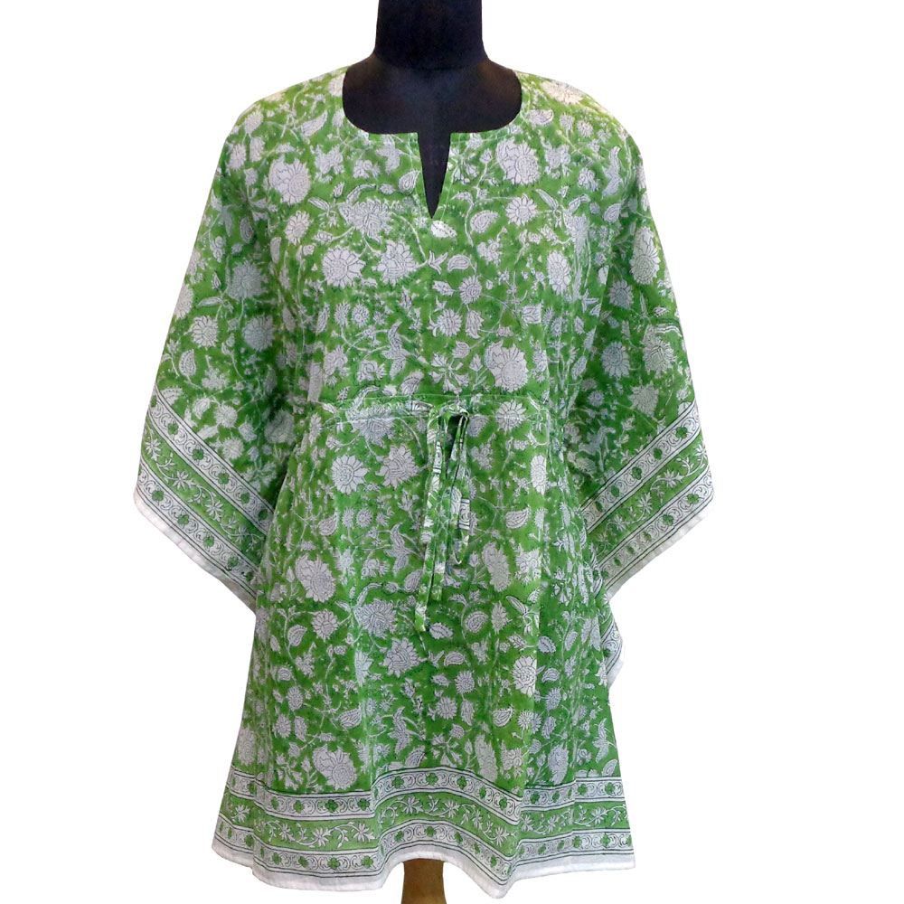 String Kaftan Free Size Indian Block Printed on Soft Cotton Voile Floral Green 701949