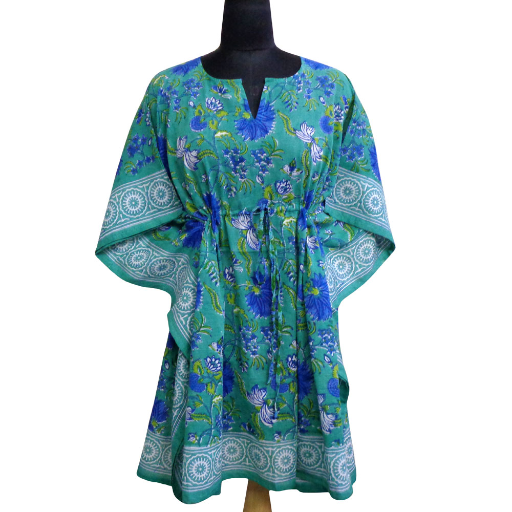 String Kaftan Free Size Indian Block Printed on Soft Cotton Voile  Flower Blossom Sea Green Gud 106040