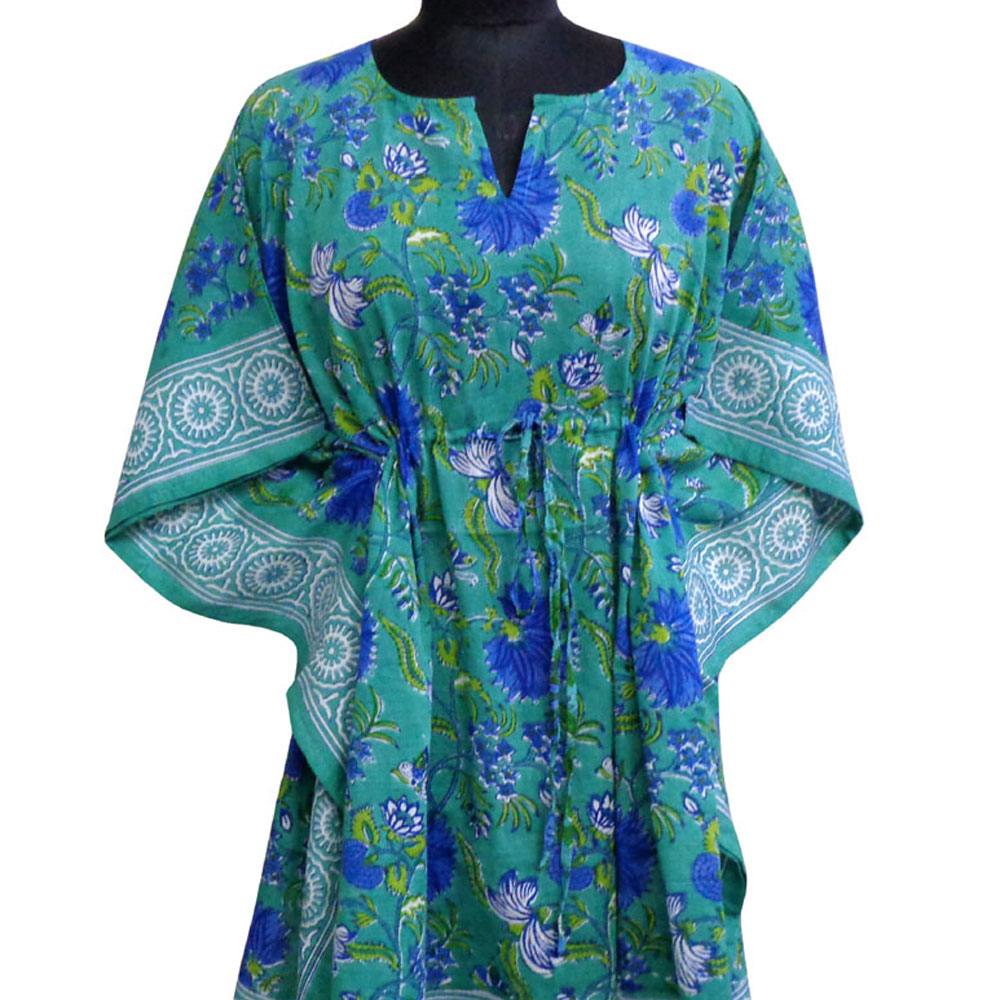 String Kaftan Free Size Indian Block Printed on Soft Cotton Voile  Flower Blossom Sea Green Gud 106040