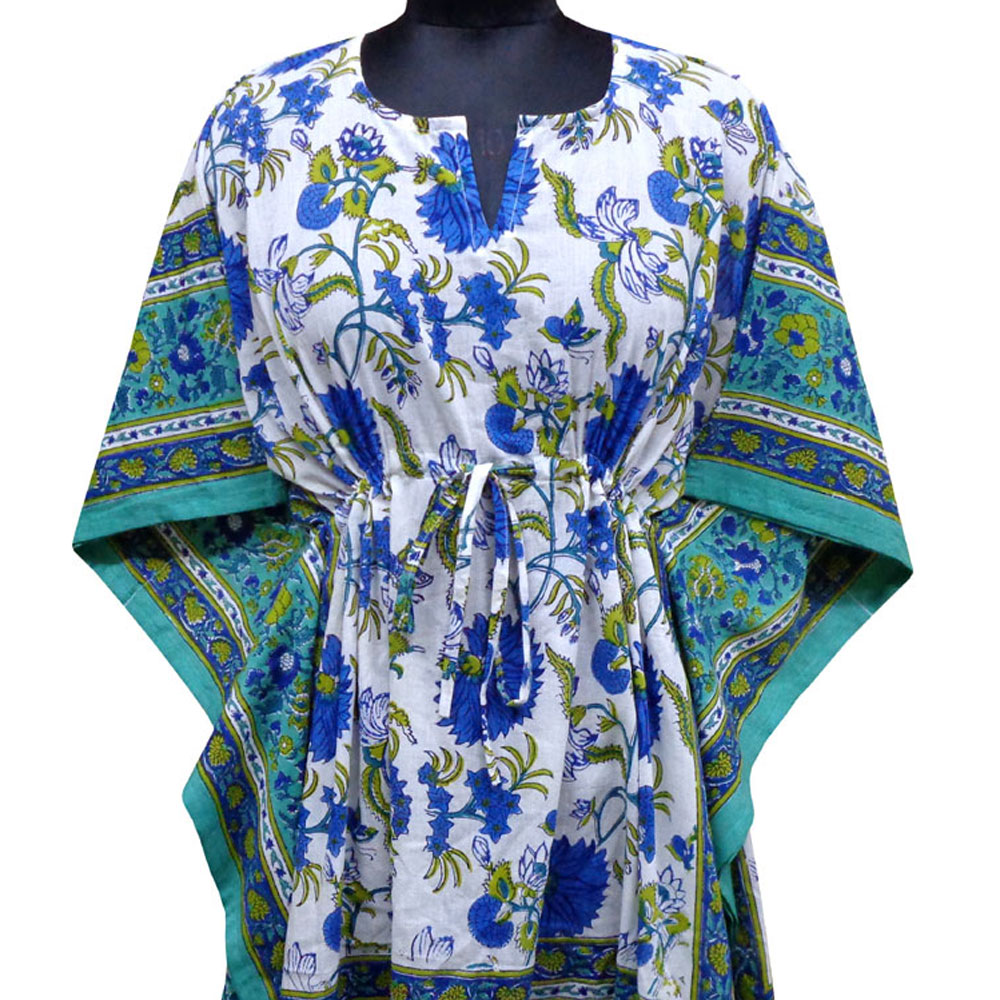 String Kaftan Free Size Indian Block Printed on Soft Cotton Voile Flower Blossom Sea Green Open 100358