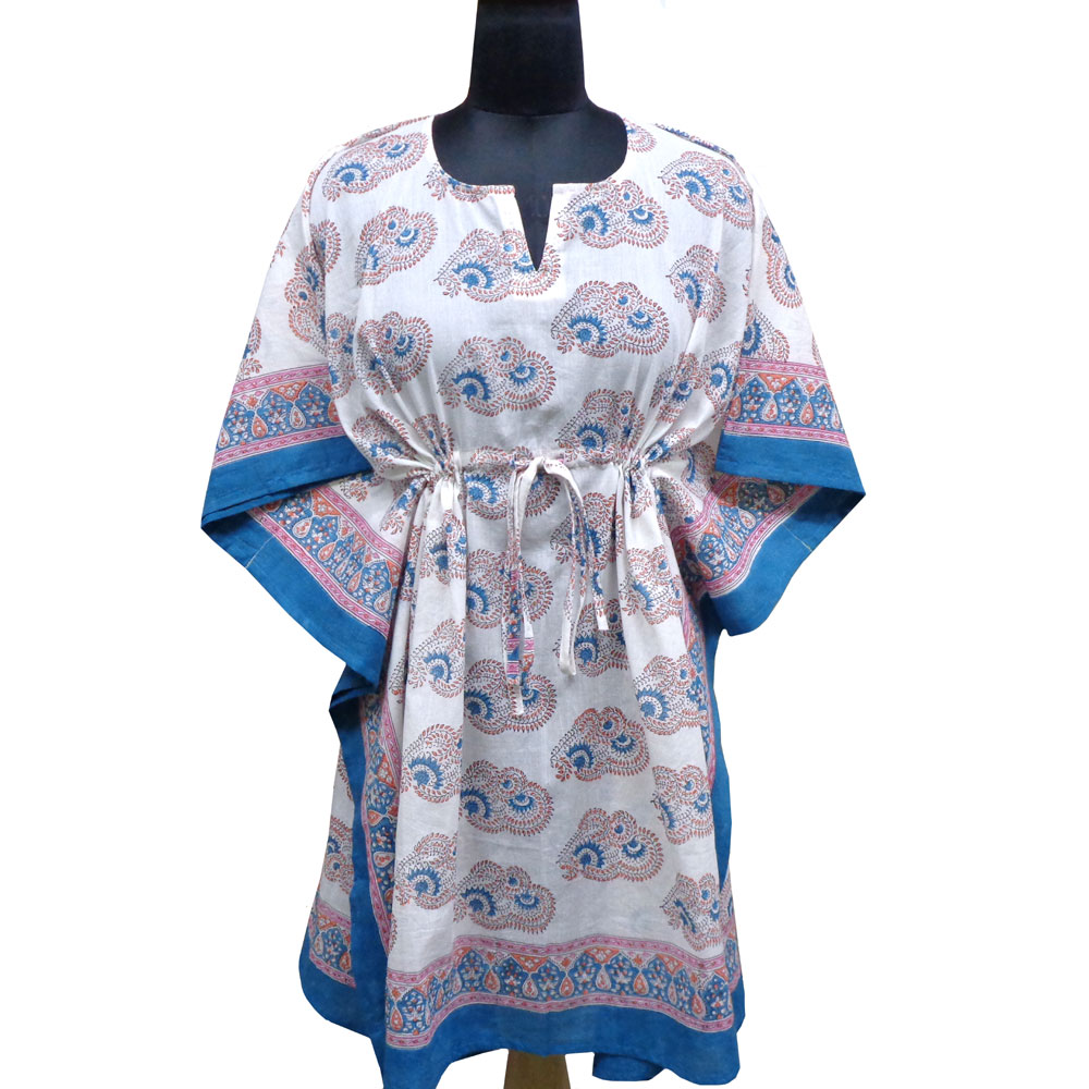 String Kaftan Free Size Indian Block Printed on Soft Cotton Voile Kusum Gulabi Boota 205379
