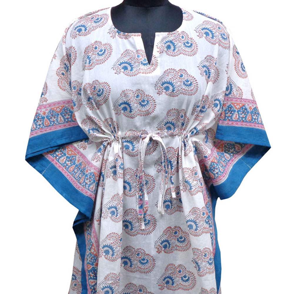 String Kaftan Free Size Indian Block Printed on Soft Cotton Voile Kusum Gulabi Boota 205379