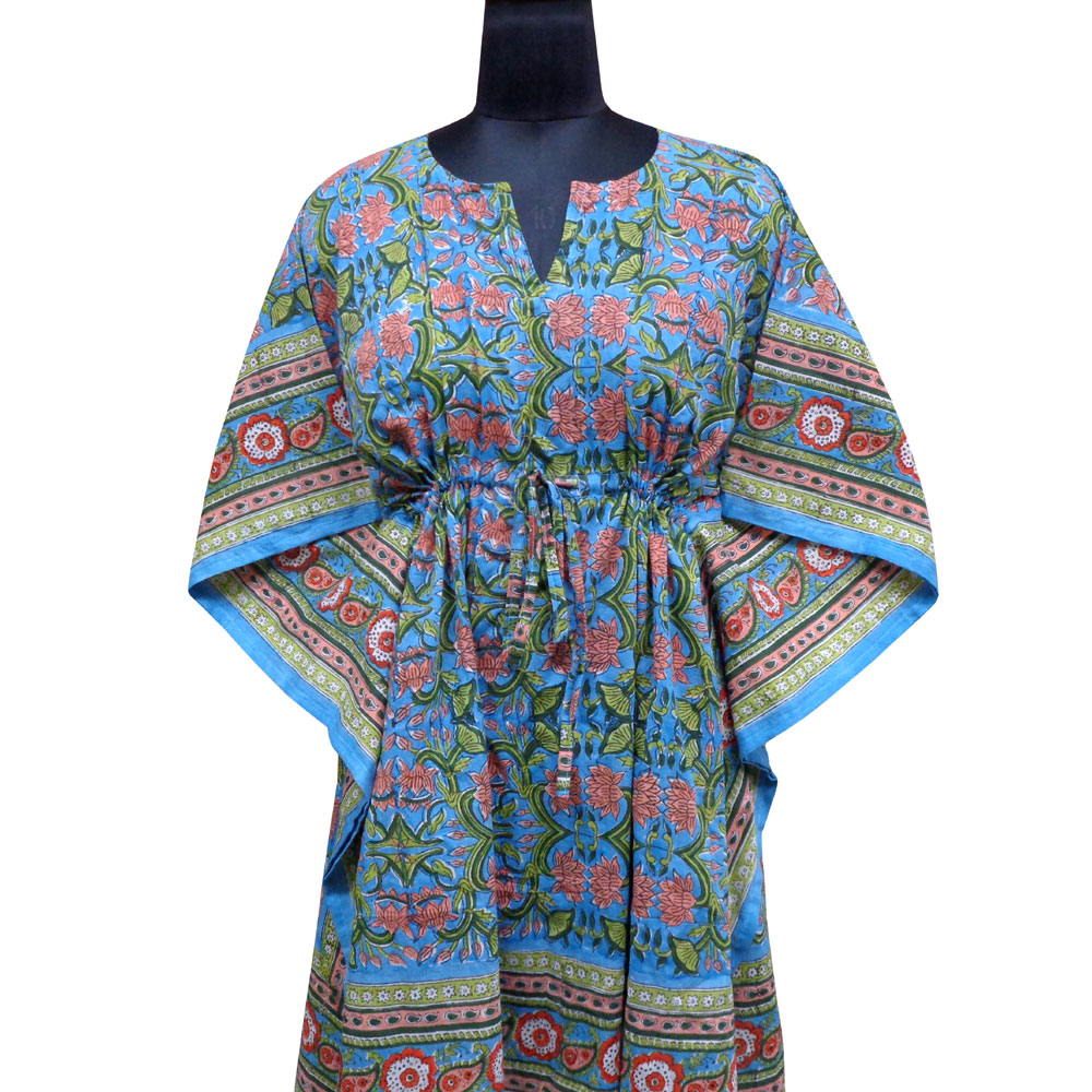 String Kaftan Free Size Indian Block Printed on Soft Cotton Voile Lotus Green Gud 207674