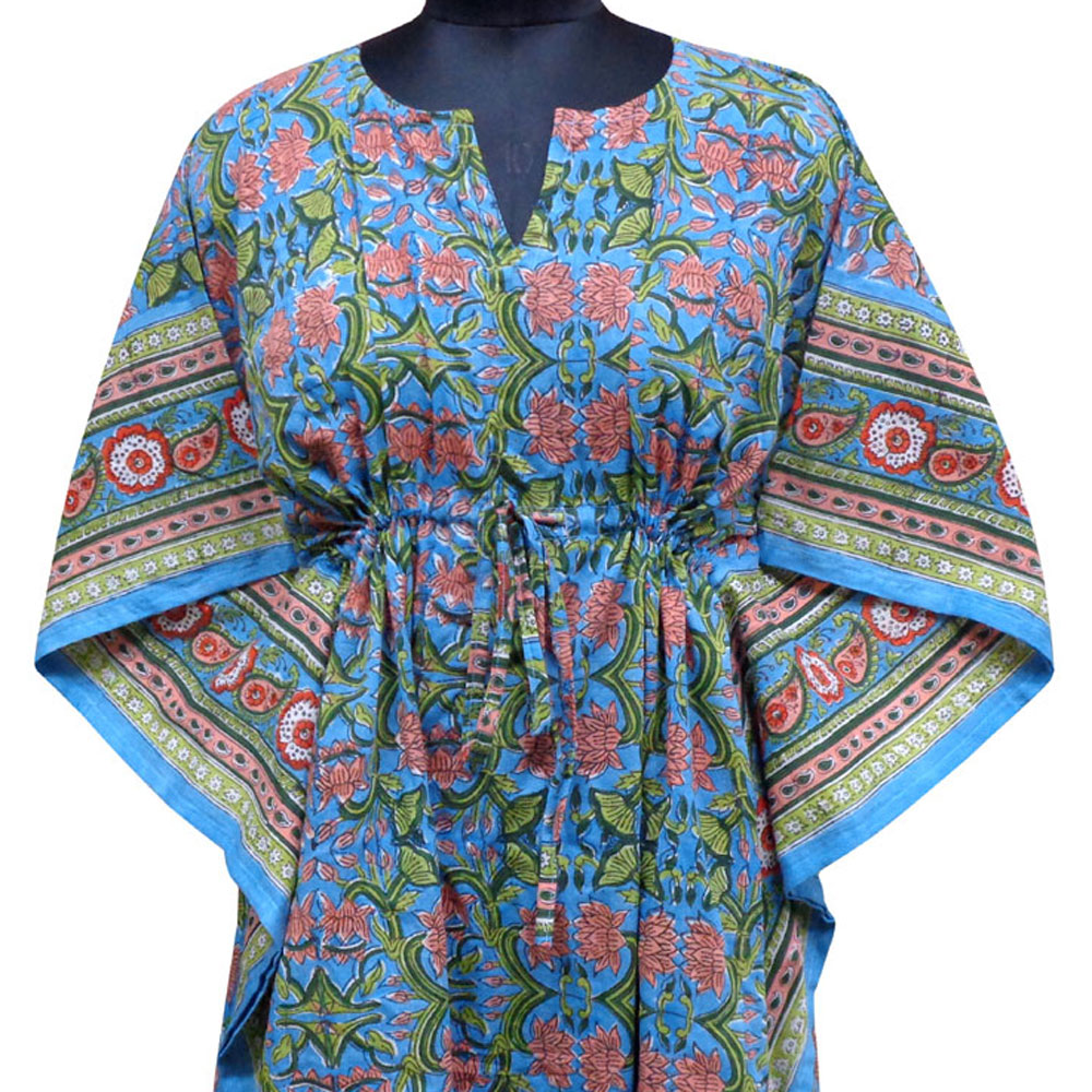 String Kaftan Free Size Indian Block Printed on Soft Cotton Voile lotus green gud 204895