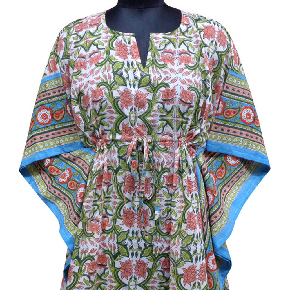 String Kaftan Free Size Indian Block Printed on Soft Cotton Voile Lotus Green Open 106868