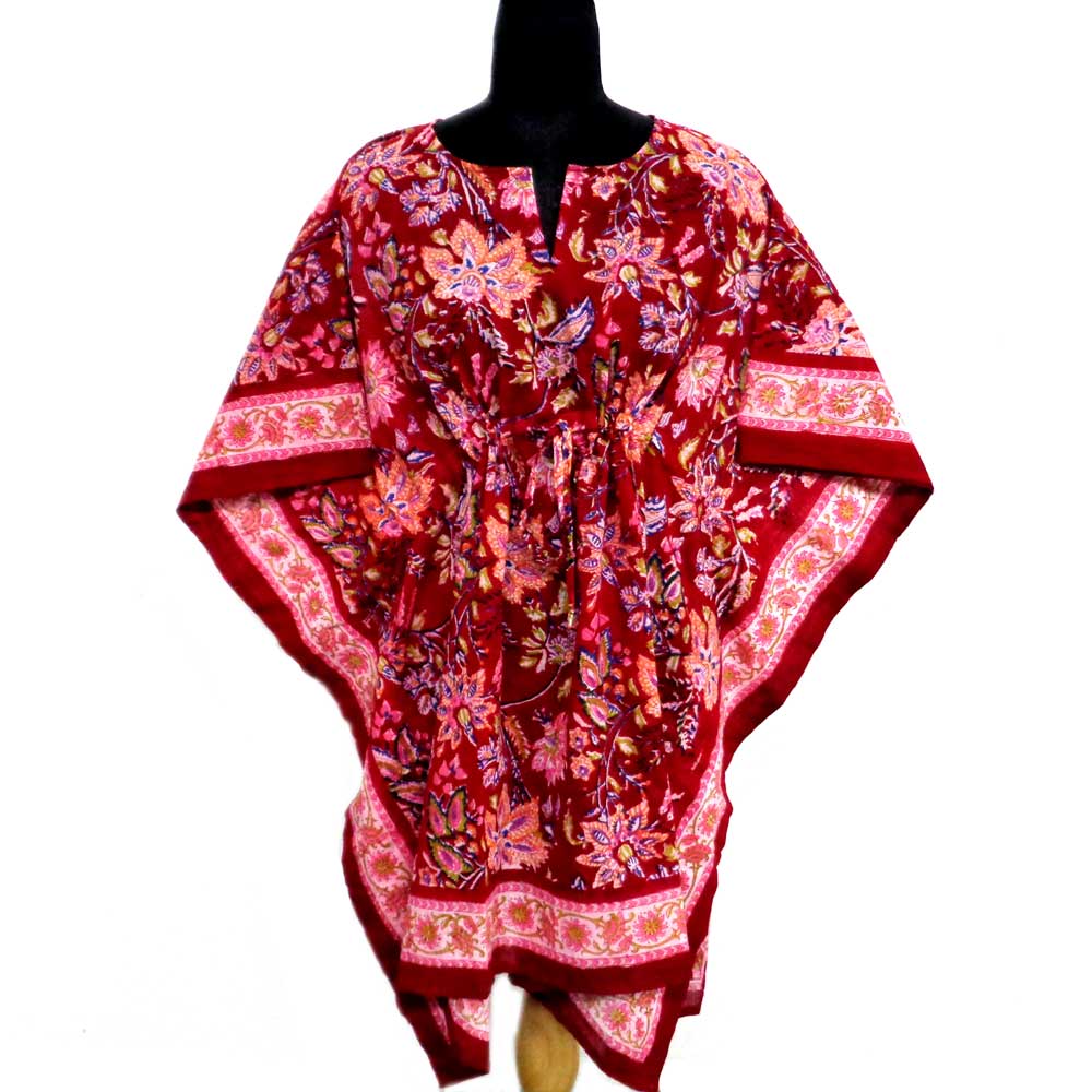 String Kaftan Free Size Indian Block-Printed on Soft Cotton Voile Misty Red Gud 106953