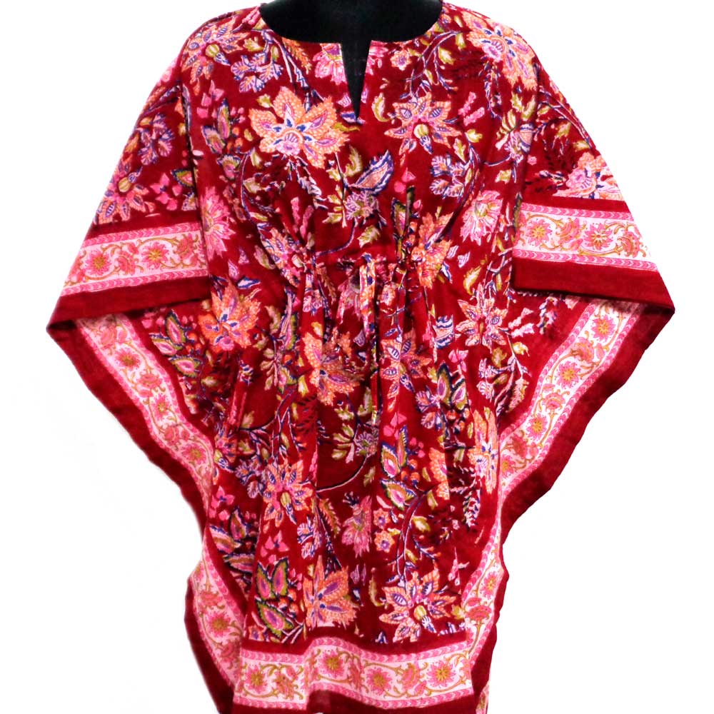 String Kaftan Free Size Indian Block-Printed on Soft Cotton Voile Misty Red Gud 106953