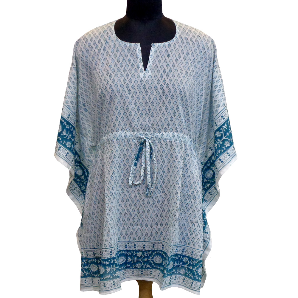String Kaftan Free Size Indian Block Printed on Soft Cotton Voile Neem Turquoise 301972