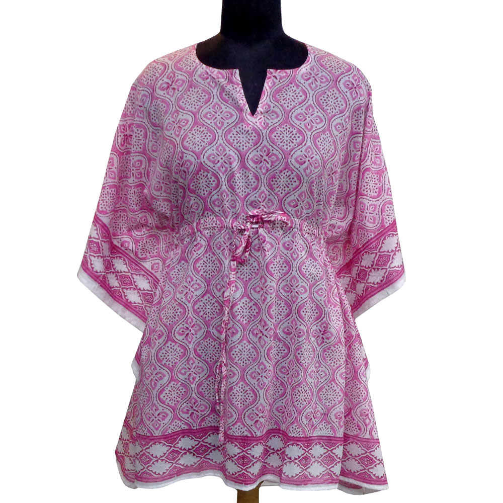 String Kaftan Free Size Indian Block Printed on Soft Cotton Voile Ogee Pink 701951