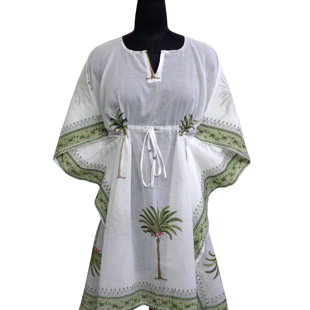 String Kaftan Free Size Indian Block Printed on Soft Cotton Voile Palm Tree Green 109024