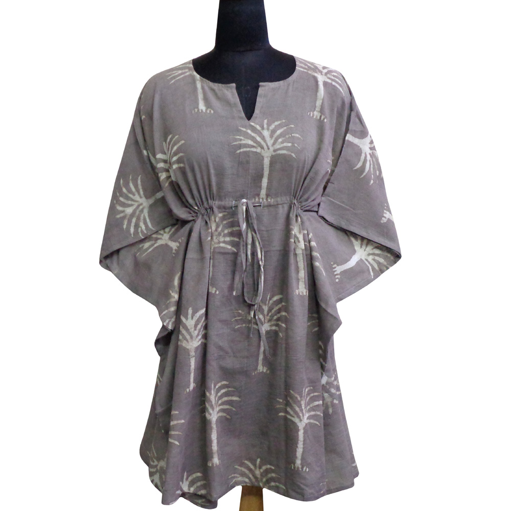 String Kaftan Free Size Indian Block Printed on Soft Cotton Voile  Palm Tree Nirvana Grey 203985