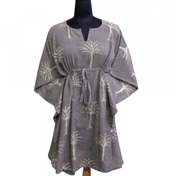 Image of String Kaftan Free Size Indian Block Printed on Soft Cotton Voile | Palm Tree Nirvana Grey 203985