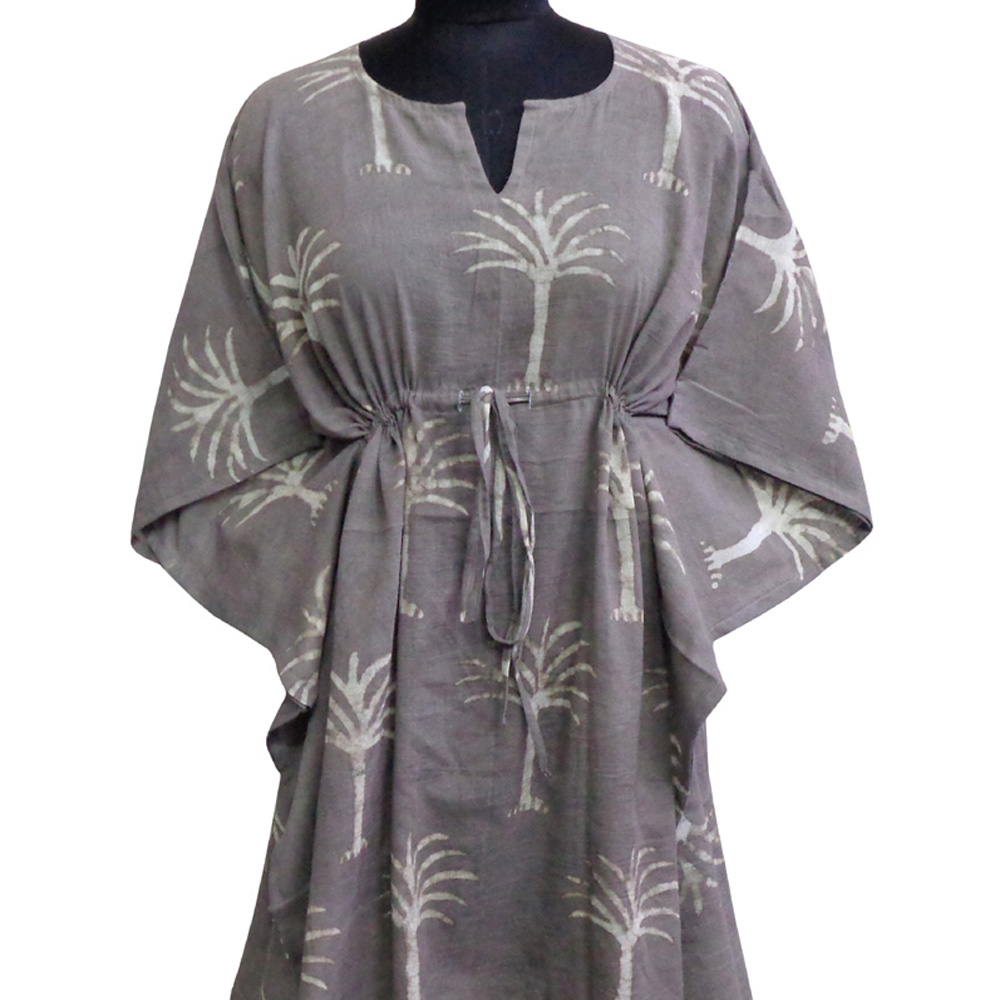 String Kaftan Free Size Indian Block Printed on Soft Cotton Voile Palm Tree Nirvana Grey 203985