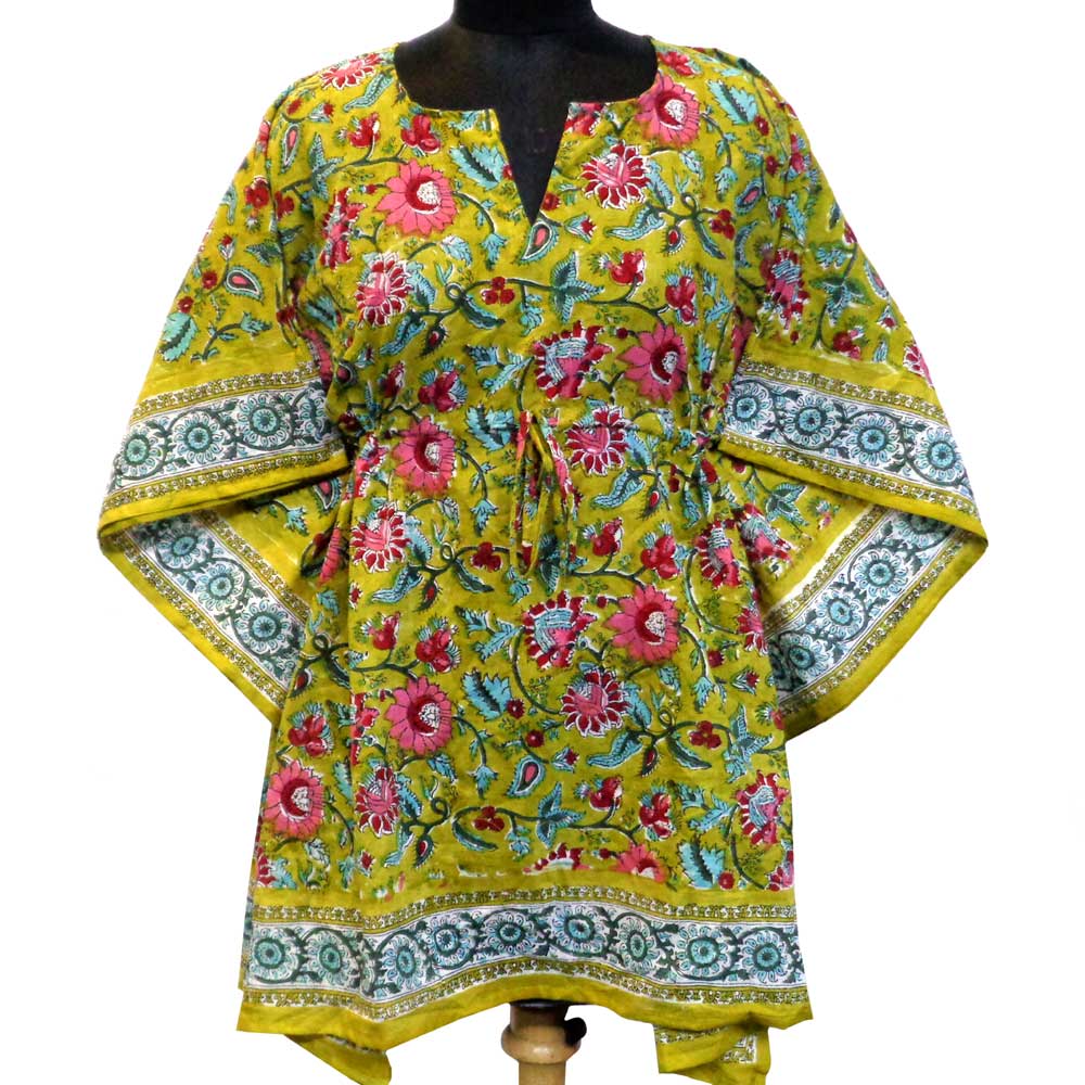 String Kaftan Free Size Indian Block Printed on Soft Cotton Voile   Phuljhari Olive Gud 103487