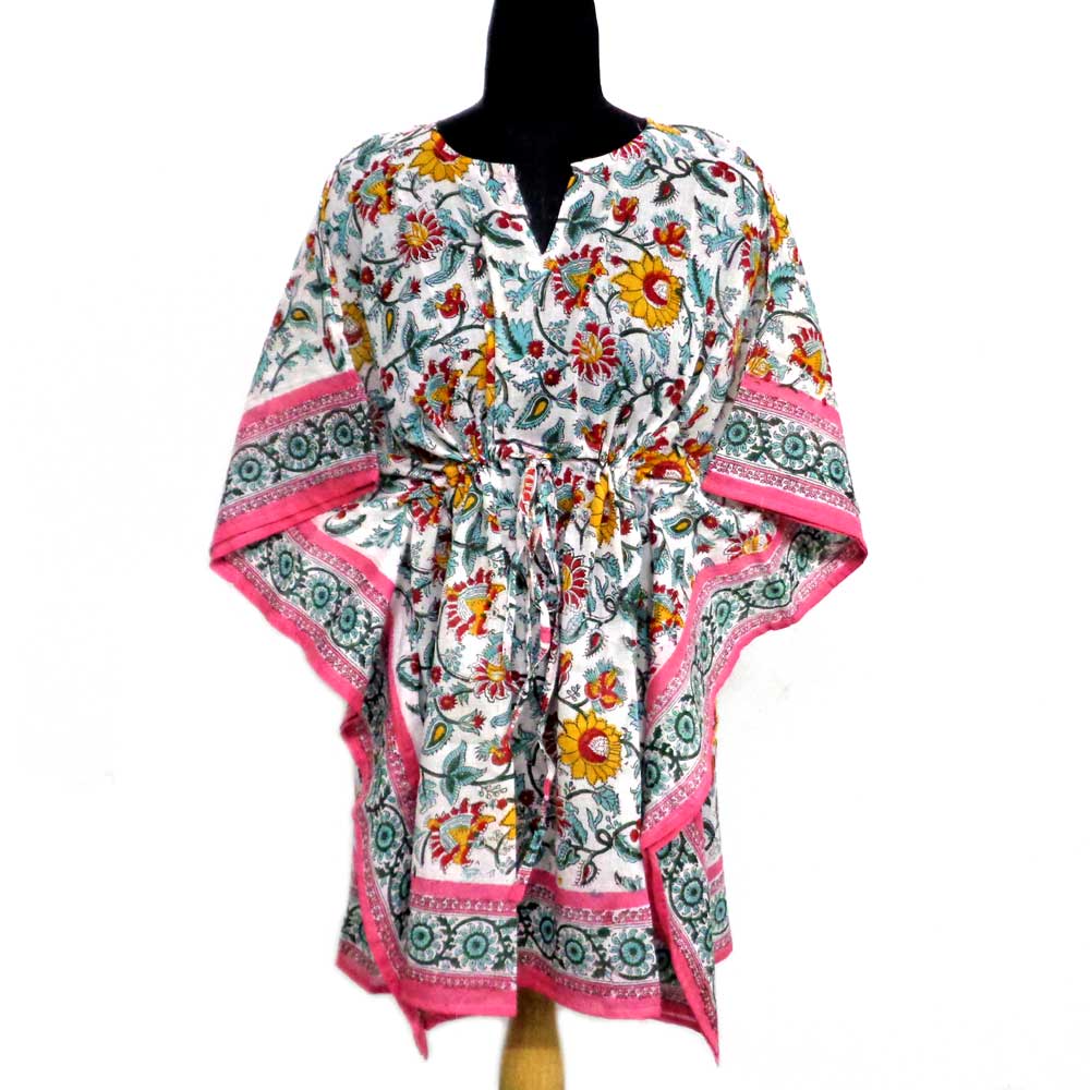 String Kaftan Free Size Indian Block-Printed on Soft Cotton Voile Phuljhari Pink Open 105471