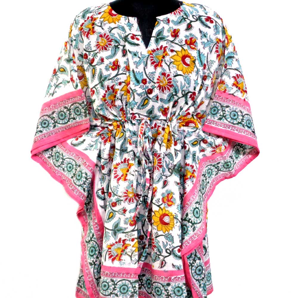 String Kaftan Free Size Indian Block-Printed on Soft Cotton Voile Phuljhari Pink Open 105471