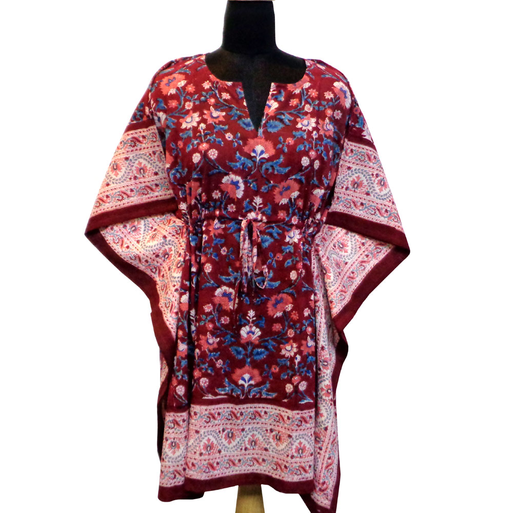 String Kaftan Free Size Indian Block Printed on Soft Cotton Voile Rukhsana Maroon Gud 105823