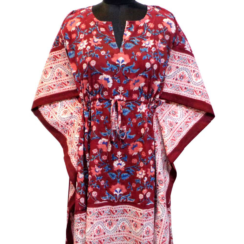 String Kaftan Free Size Indian Block Printed on Soft Cotton Voile Rukhsana Maroon Gud 105823