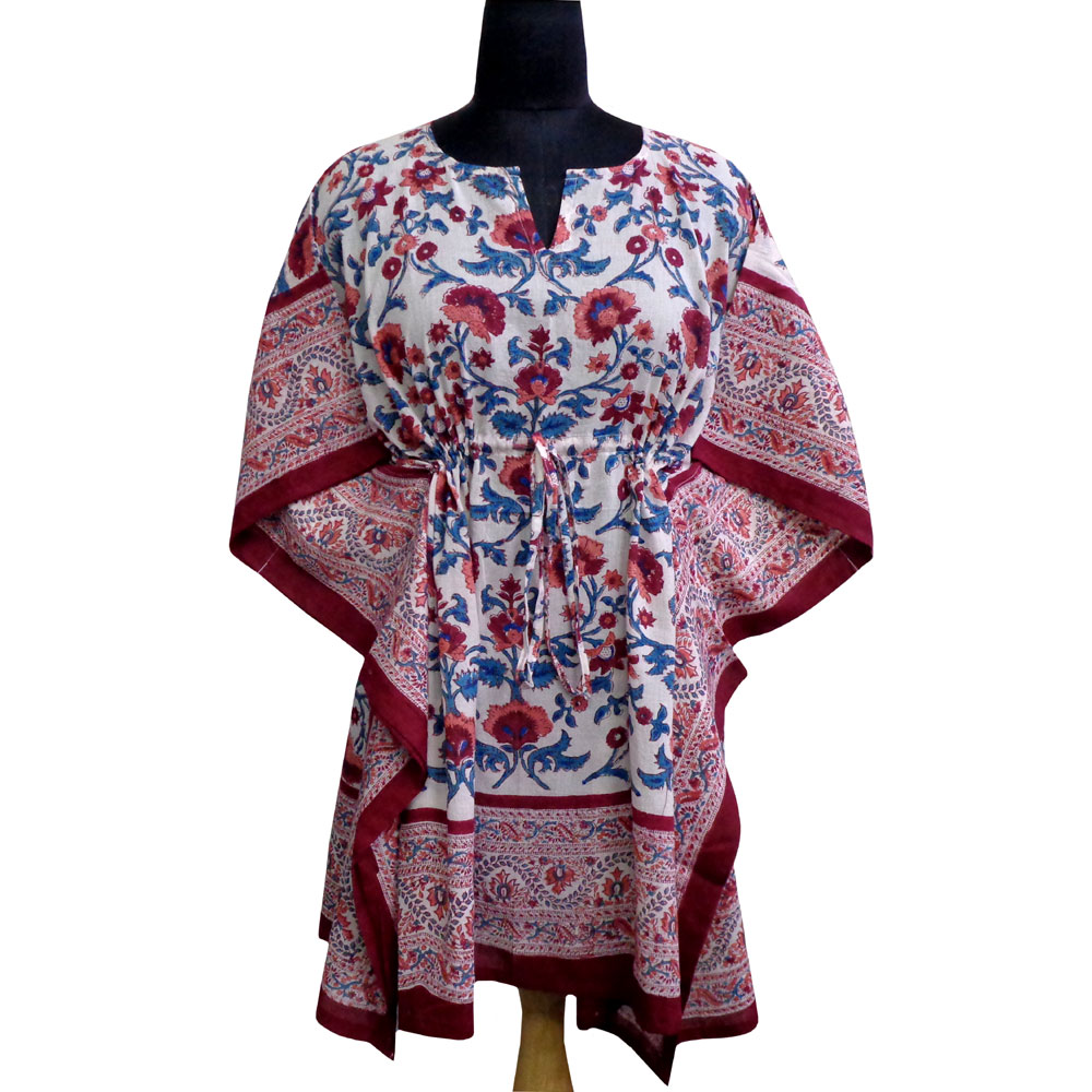 String Kaftan Free Size Indian Block Printed on Soft Cotton Voile Rukhsana Maroon Open 203945
