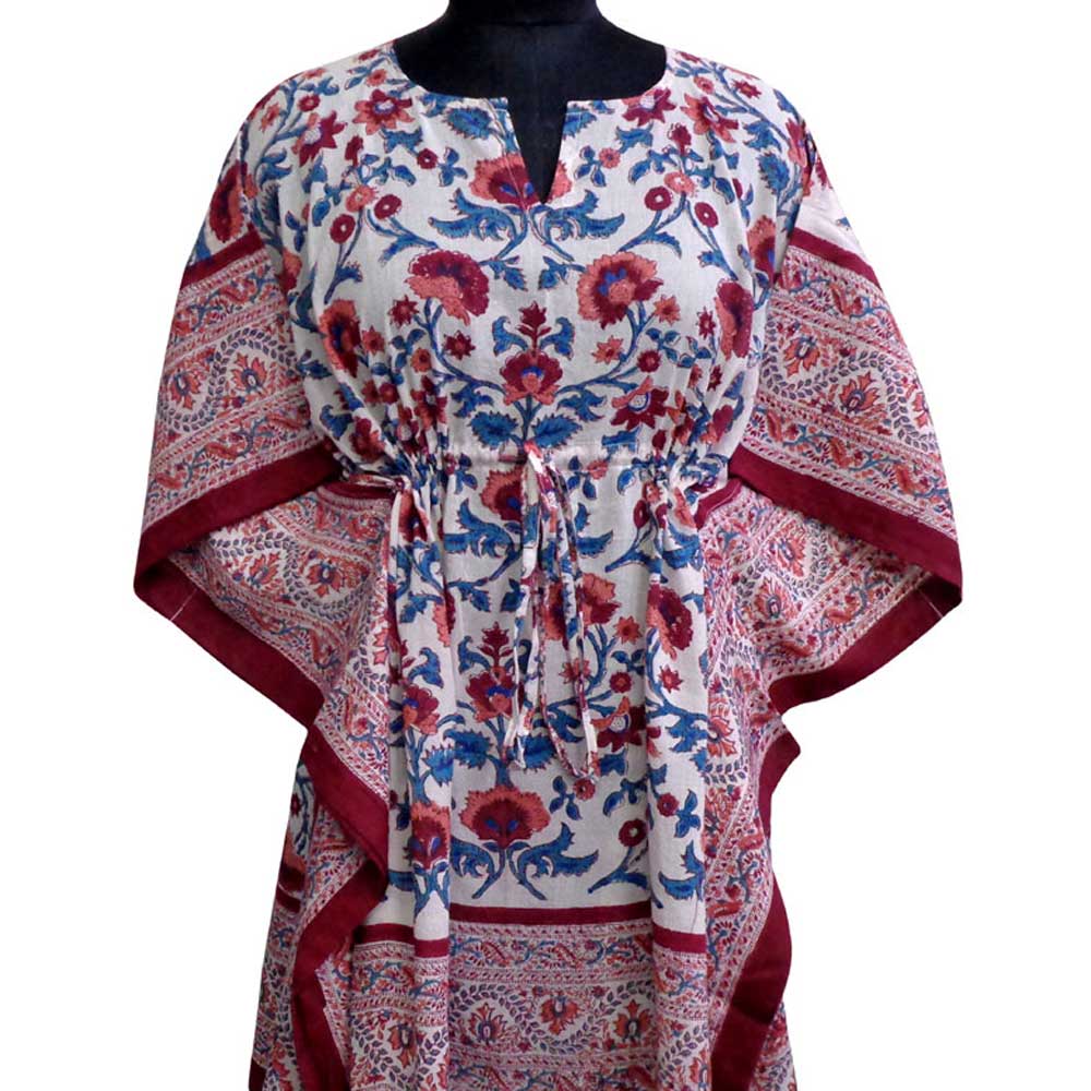 String Kaftan Free Size Indian Block Printed on Soft Cotton Voile Rukhsana Maroon Open 203945