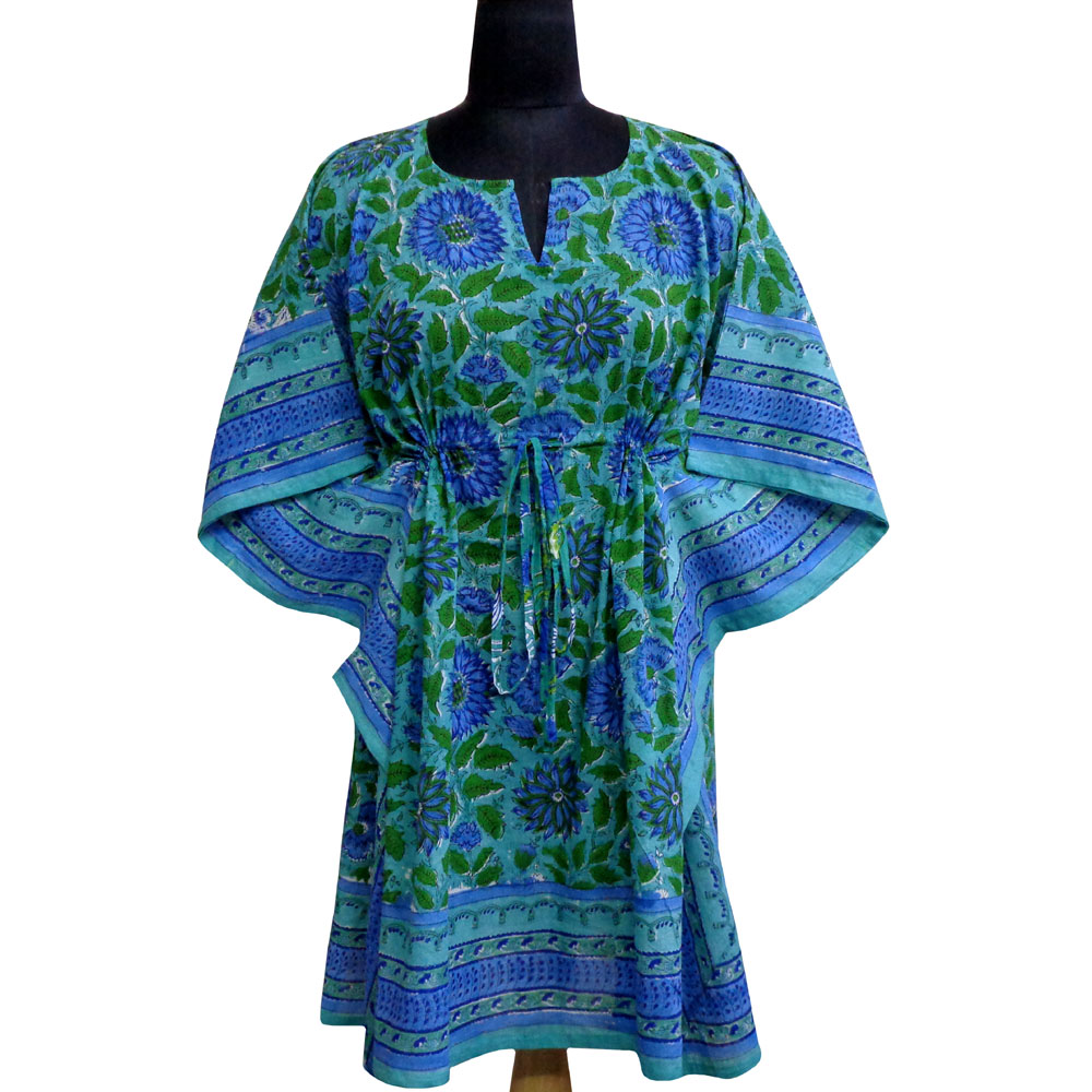 String Kaftan Free Size Indian Block Printed on Soft Cotton Voile Surajmukhi Blue Gud 106164