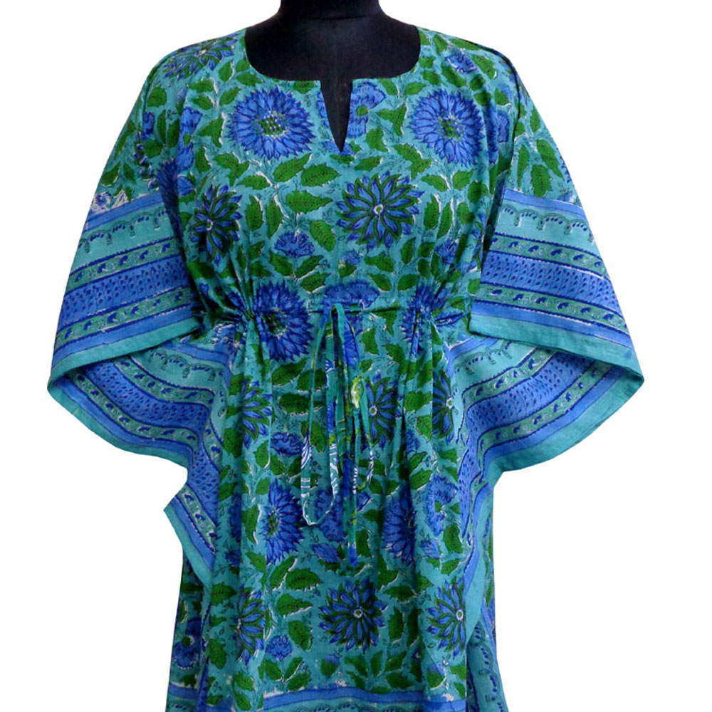 String Kaftan Free Size Indian Block Printed on Soft Cotton Voile Surajmukhi Blue Gud 106164