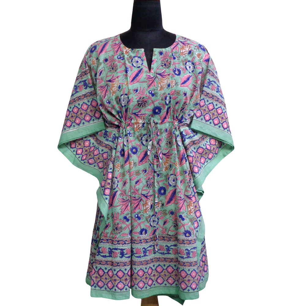 String Kaftan Free Size Indian Block Printed on Soft Cotton Voile Wild Flower Ocean Gud 203932